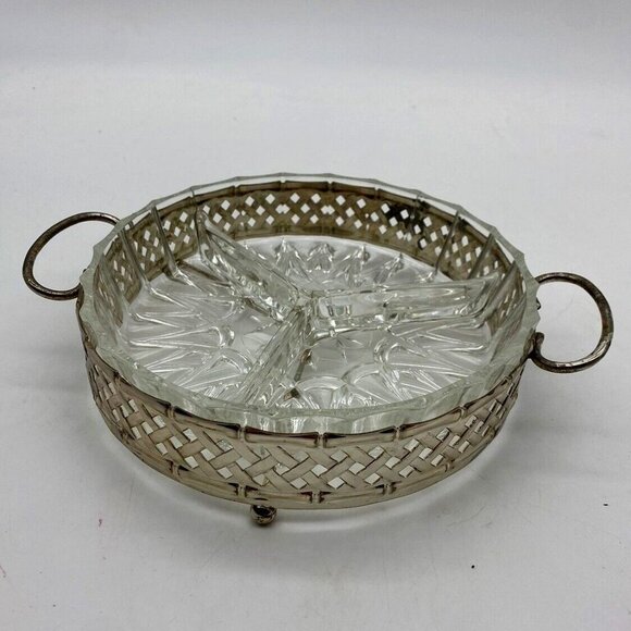 Vintage Glass Divided Serving Dish & Ornate Silverplated‎ Carrier I.S Co England - Picture 1 of 16